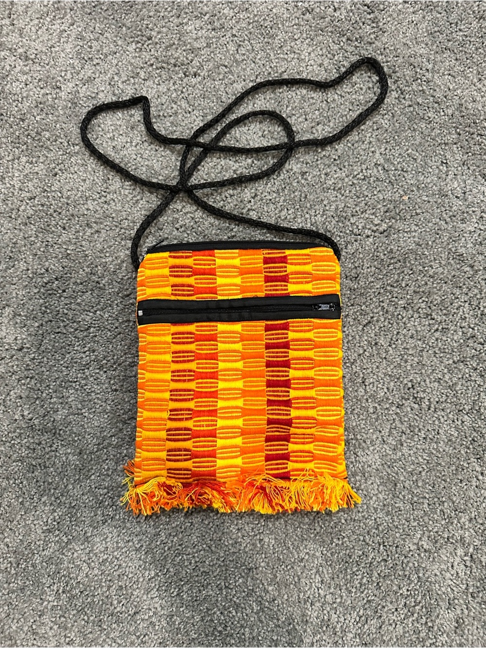 Handwoven Orange & Red Fringe Crossbody Bag with Black Strap